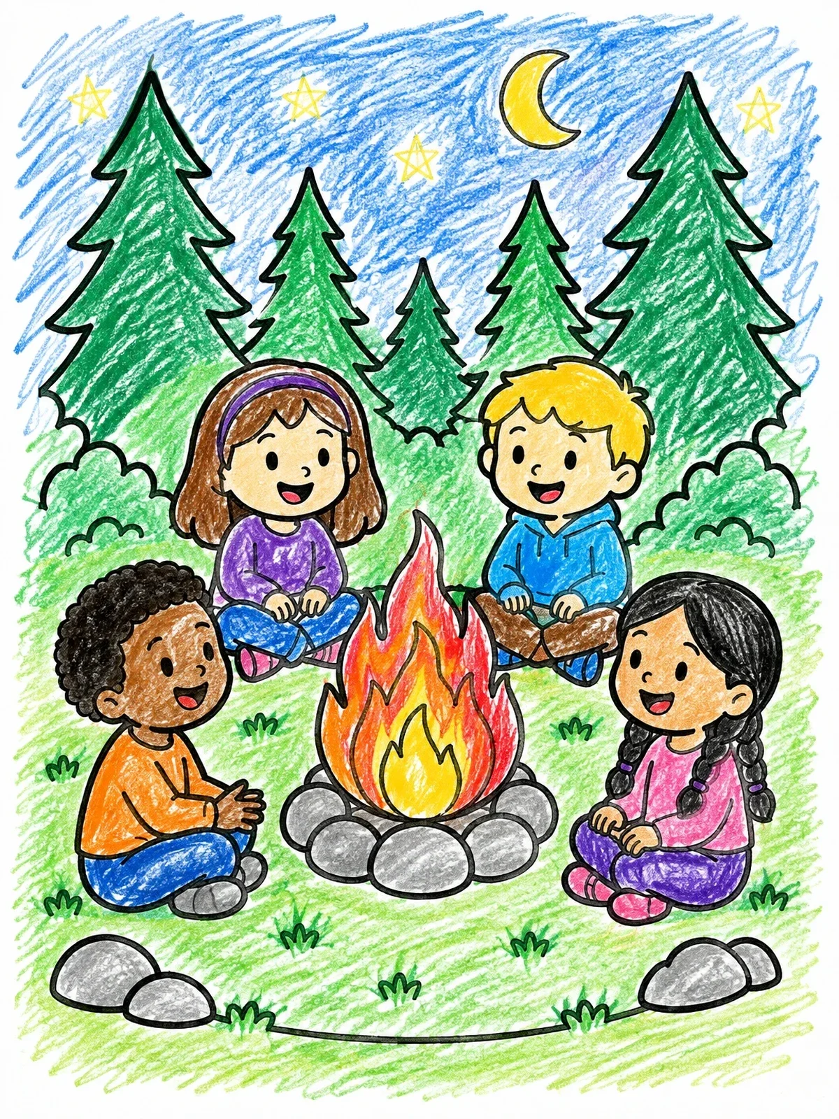 Colored example of the Children Sitting Around Campfire coloring page