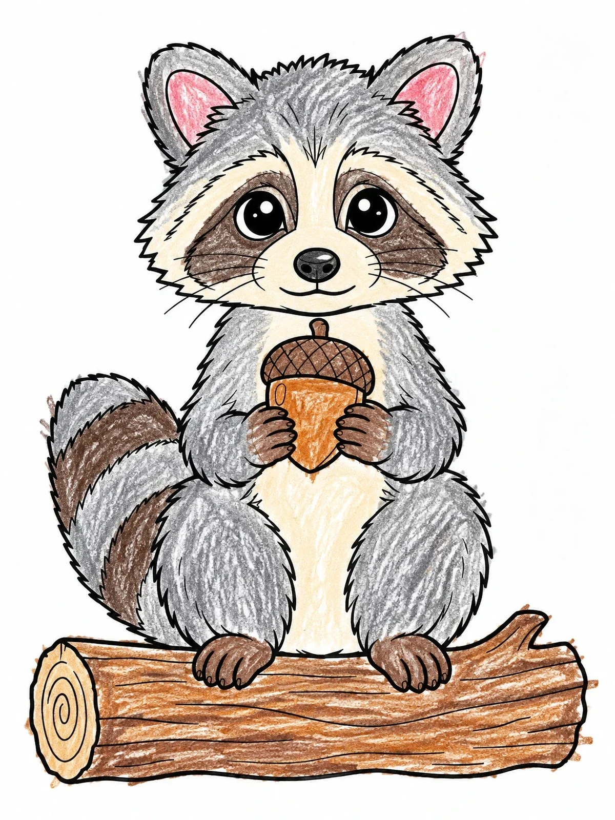 Colored example of the Cute Baby Raccoon With Acorn coloring page