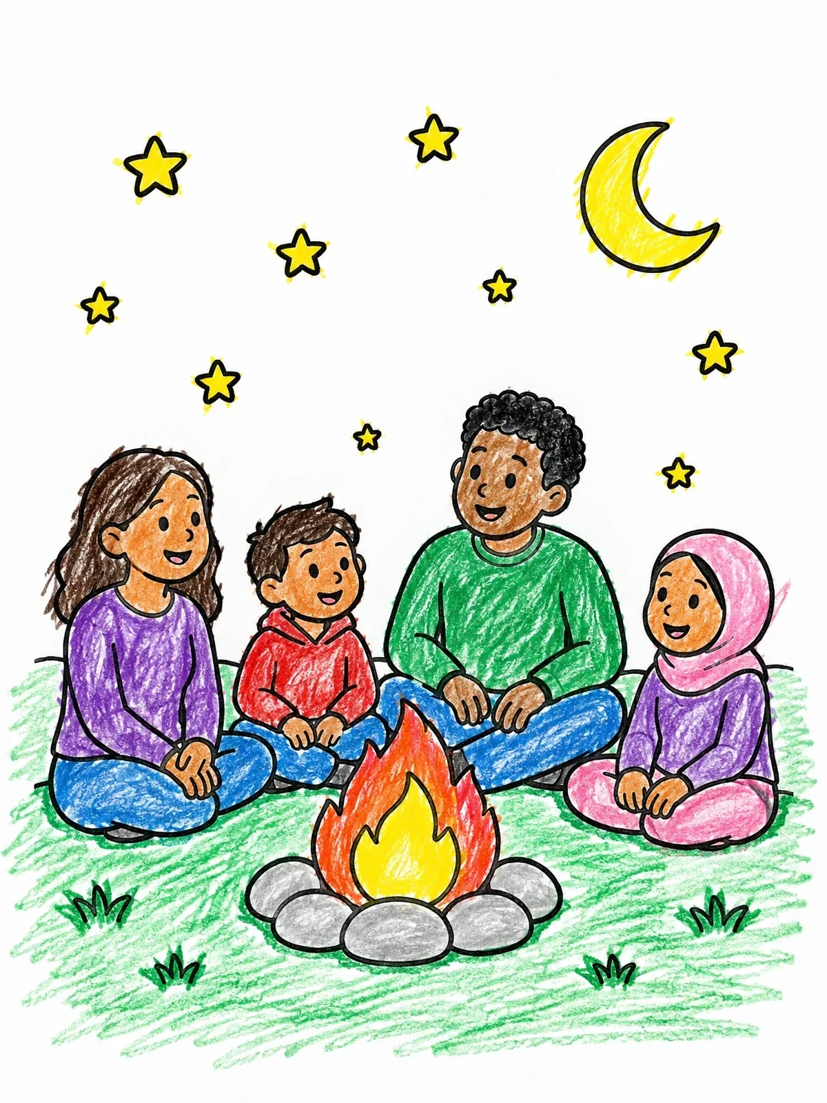 Colored example of the Family Campfire Under The Stars coloring page