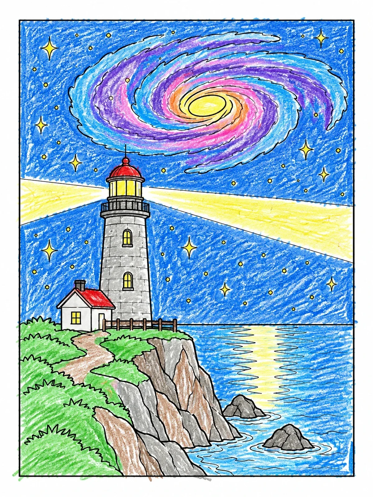 Colored example of the Lighthouse Under Spiral Galaxy coloring page