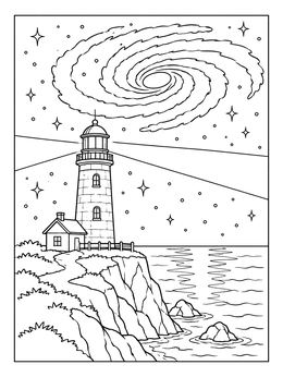 Free printable Lighthouse Under Spiral Galaxy coloring page