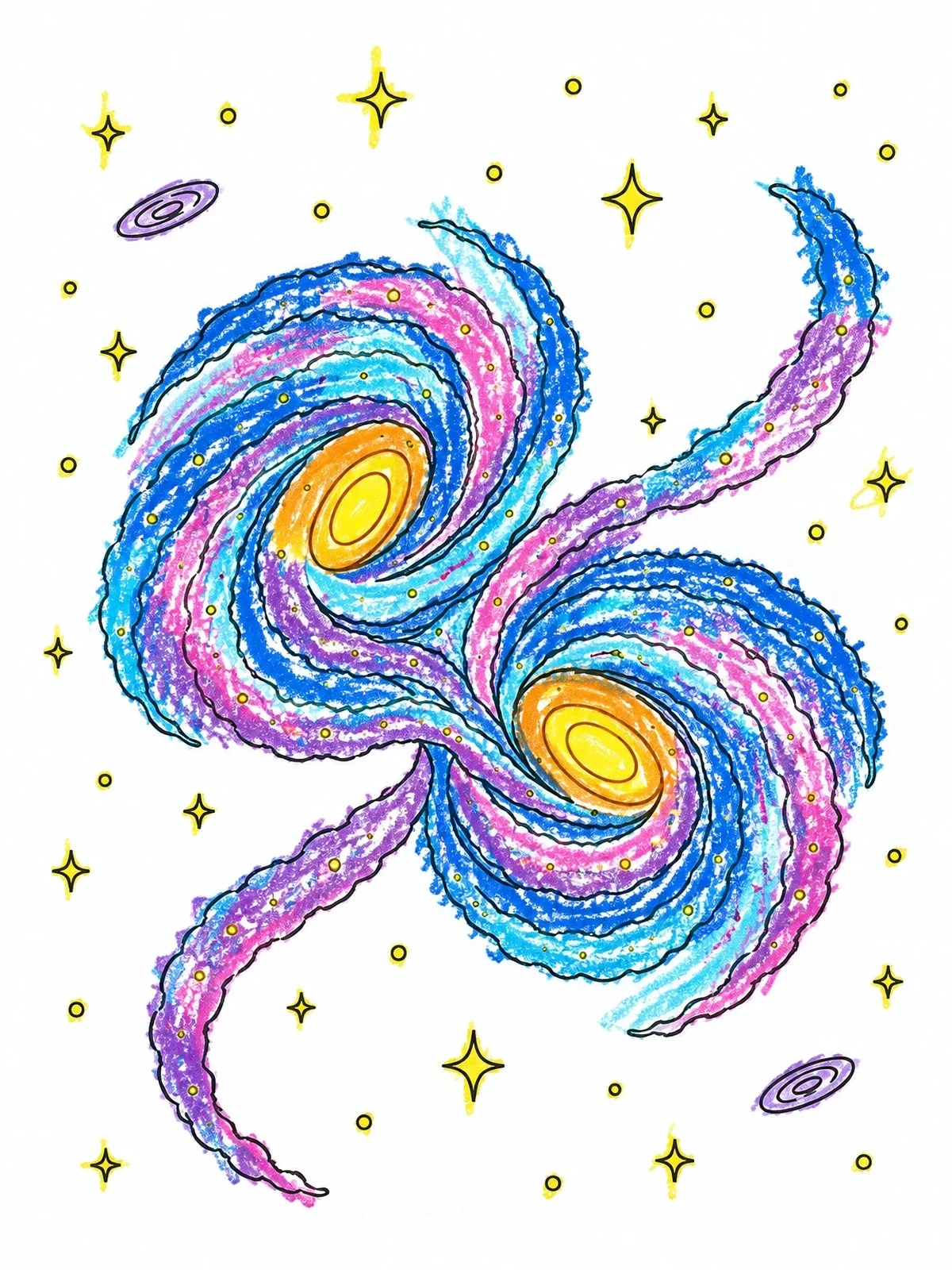 Colored example of the Colliding Spiral Galaxies In Deep Space coloring page
