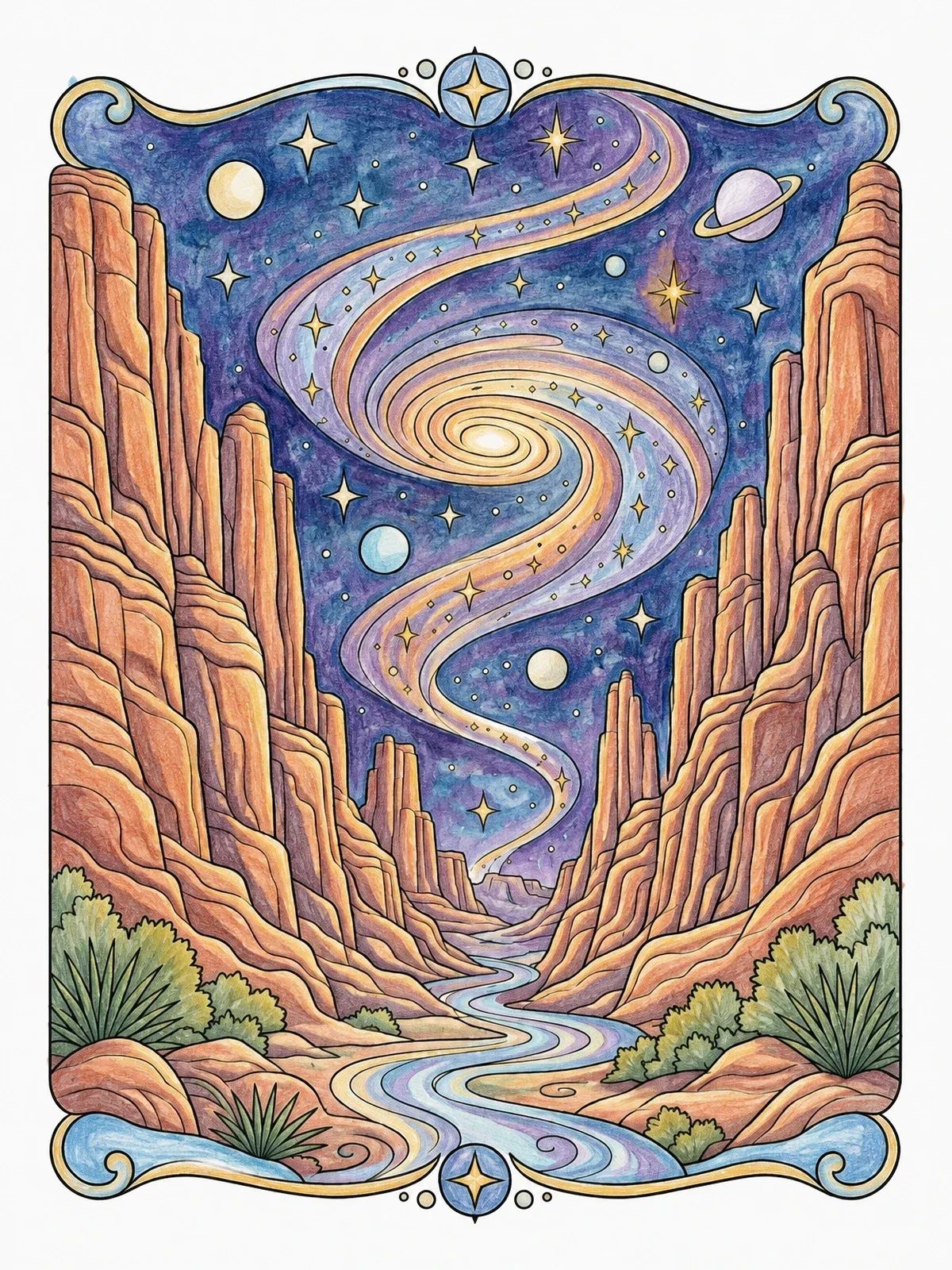 Colored example of the Cosmic Galaxy Over Desert Canyon coloring page