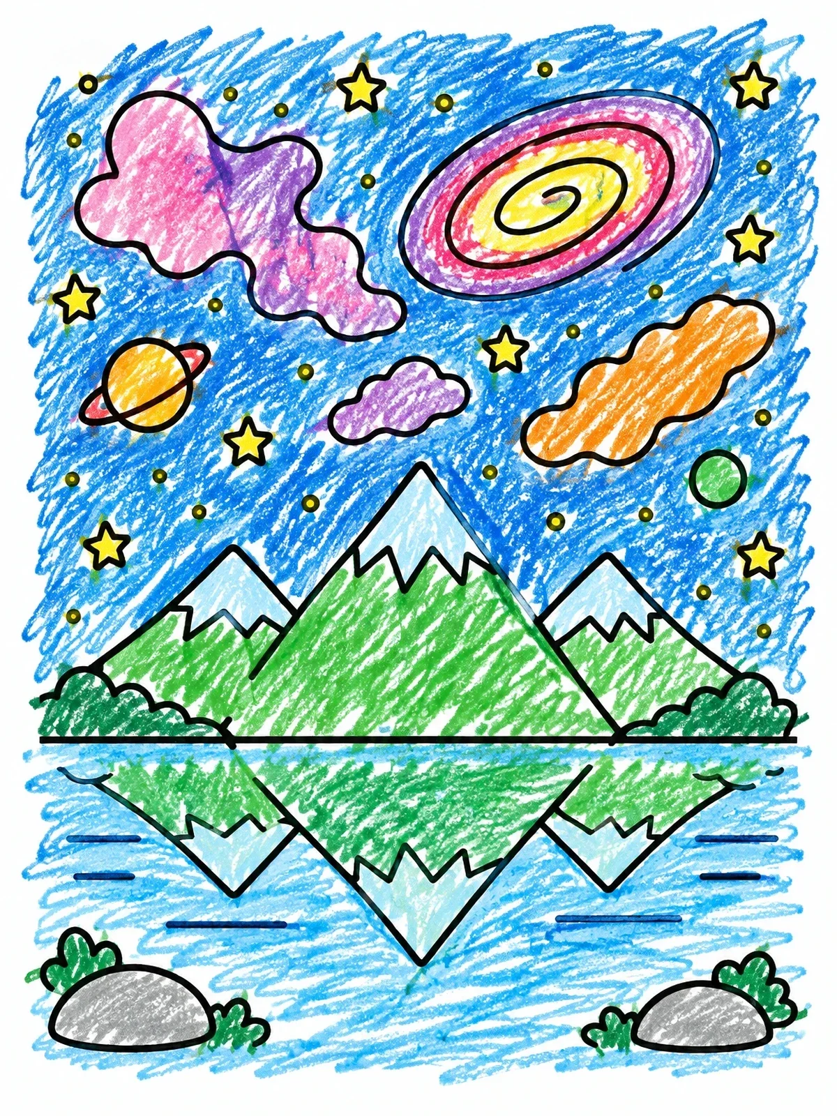 Colored example of the Cosmic Mountains And Lake Reflection coloring page