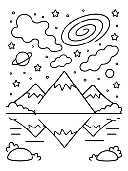 Free printable Cosmic Mountains And Lake Reflection coloring page