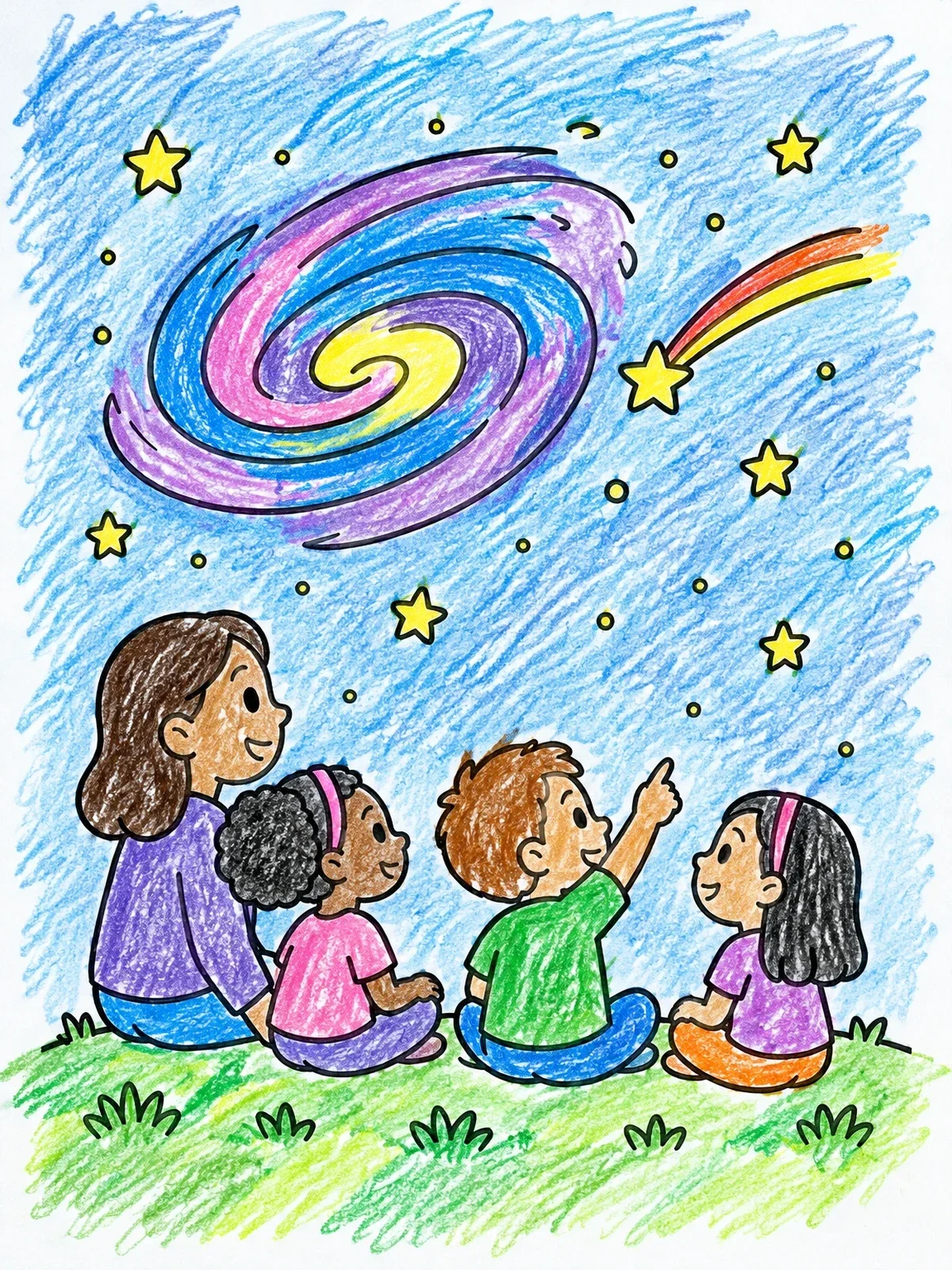 Colored example of the Family Stargazing Under Swirling Galaxy coloring page