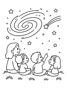 Free printable Family Stargazing Under Swirling Galaxy coloring page