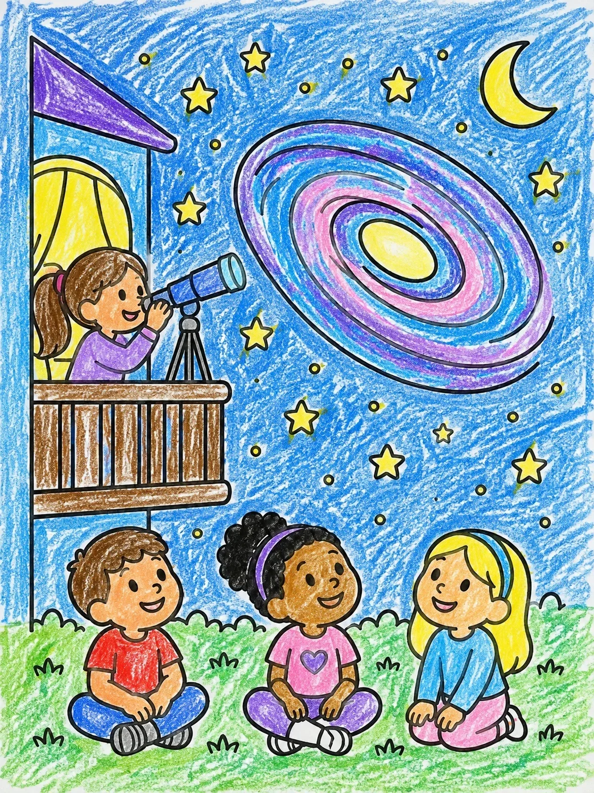 Colored example of the Stargazing Kids And Spiral Galaxy coloring page
