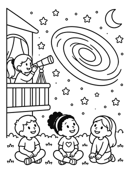 Free printable Stargazing Kids And Spiral Galaxy coloring page