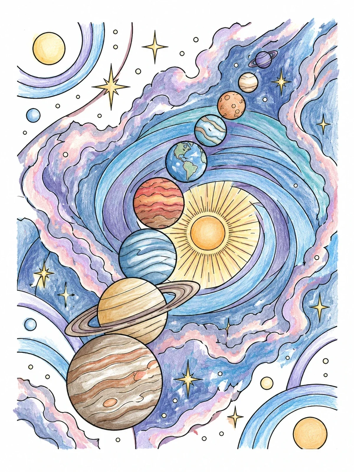 Colored example of the Planetary Alignment Around The Sun coloring page