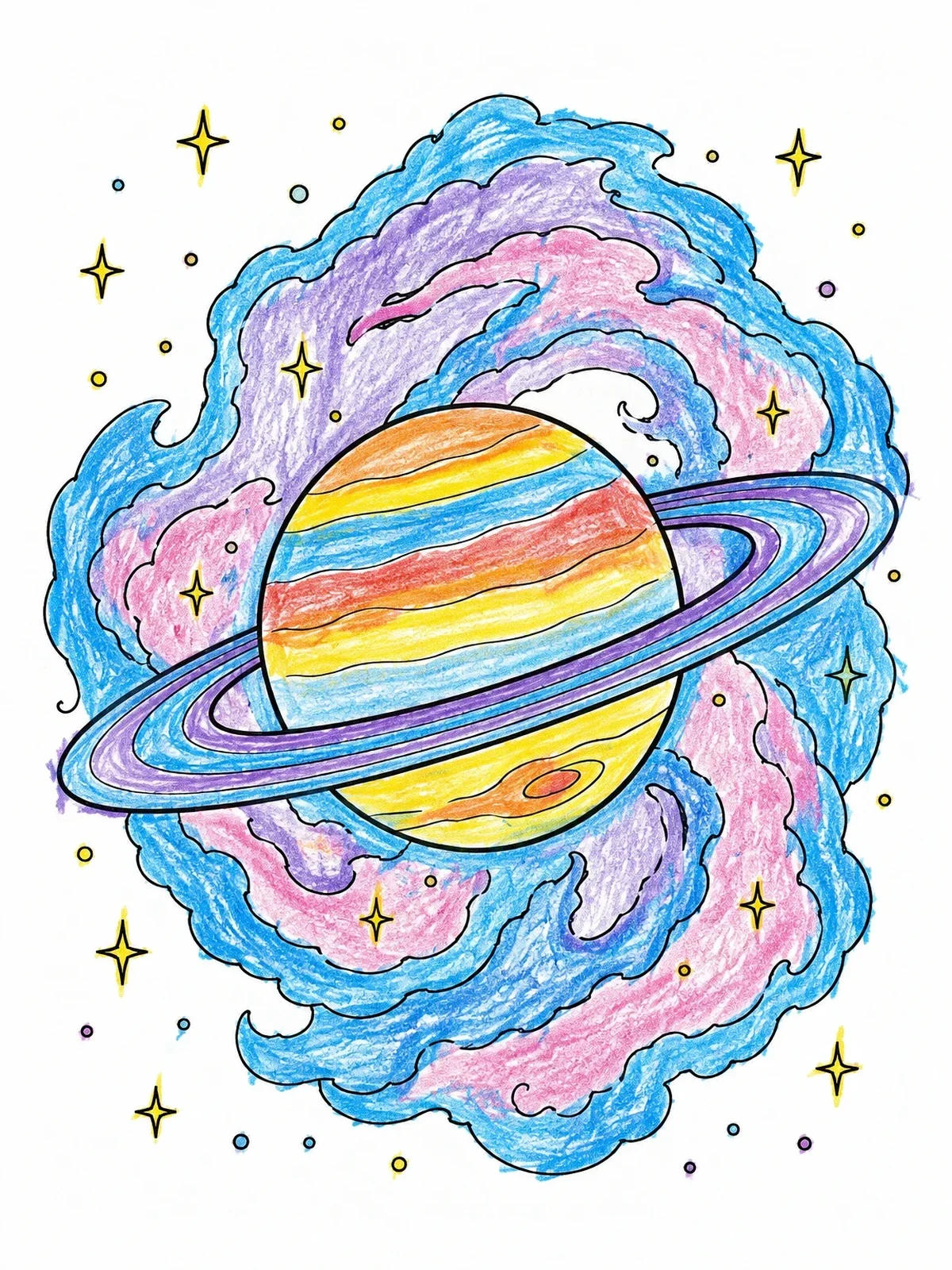 Colored example of the Ringed Planet In Swirling Nebula coloring page