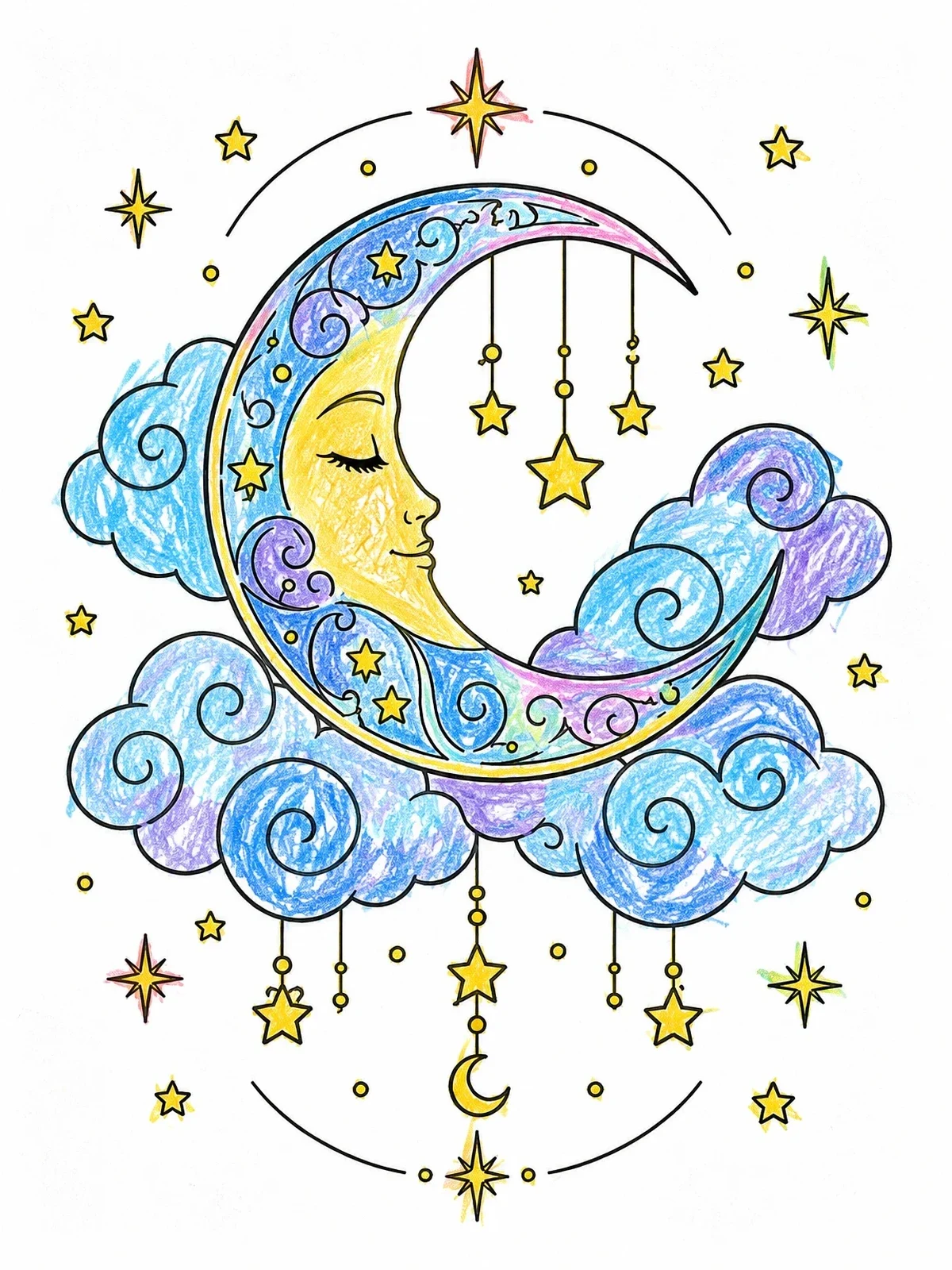 Colored example of the Sleeping Crescent Moon With Clouds coloring page