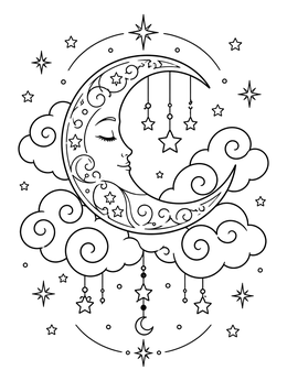 Free printable Sleeping Crescent Moon With Clouds coloring page