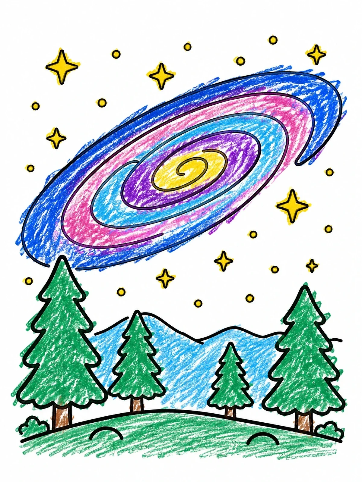 Colored example of the Spiral Galaxy Over Pine Forest coloring page