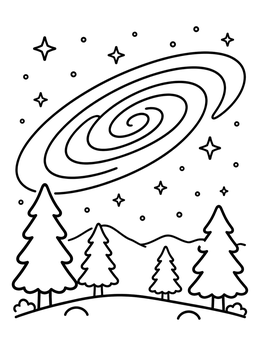 Free printable Spiral Galaxy Over Pine Forest coloring page