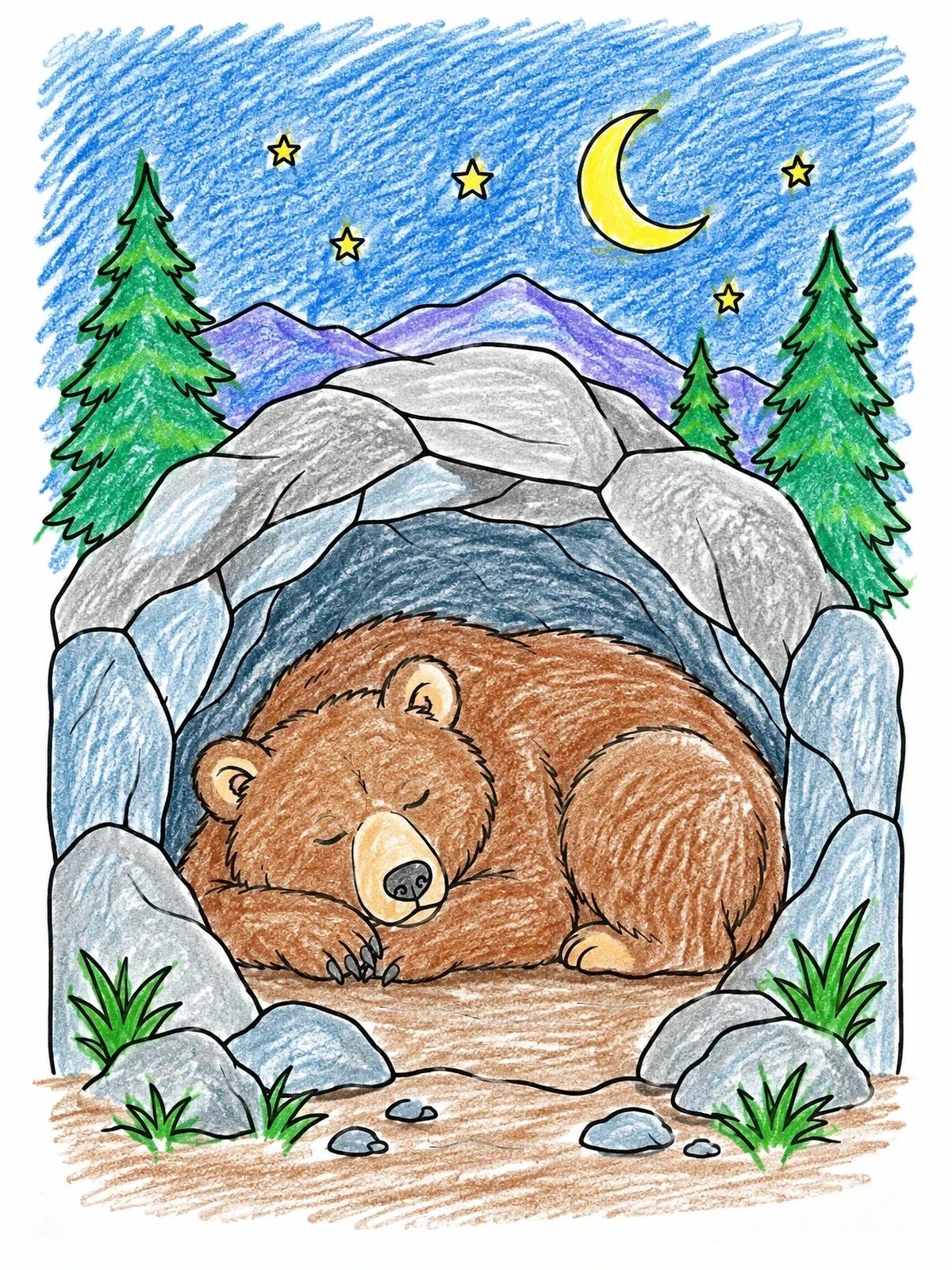 Colored example of the Sleeping Bear In A Rocky Den coloring page