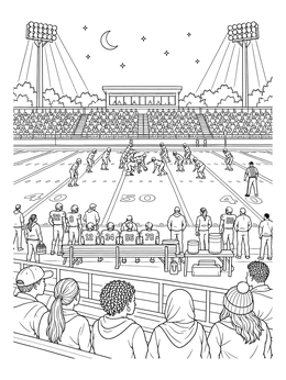 Spectators watch a night game under bright stadium lights in this football field coloring page.