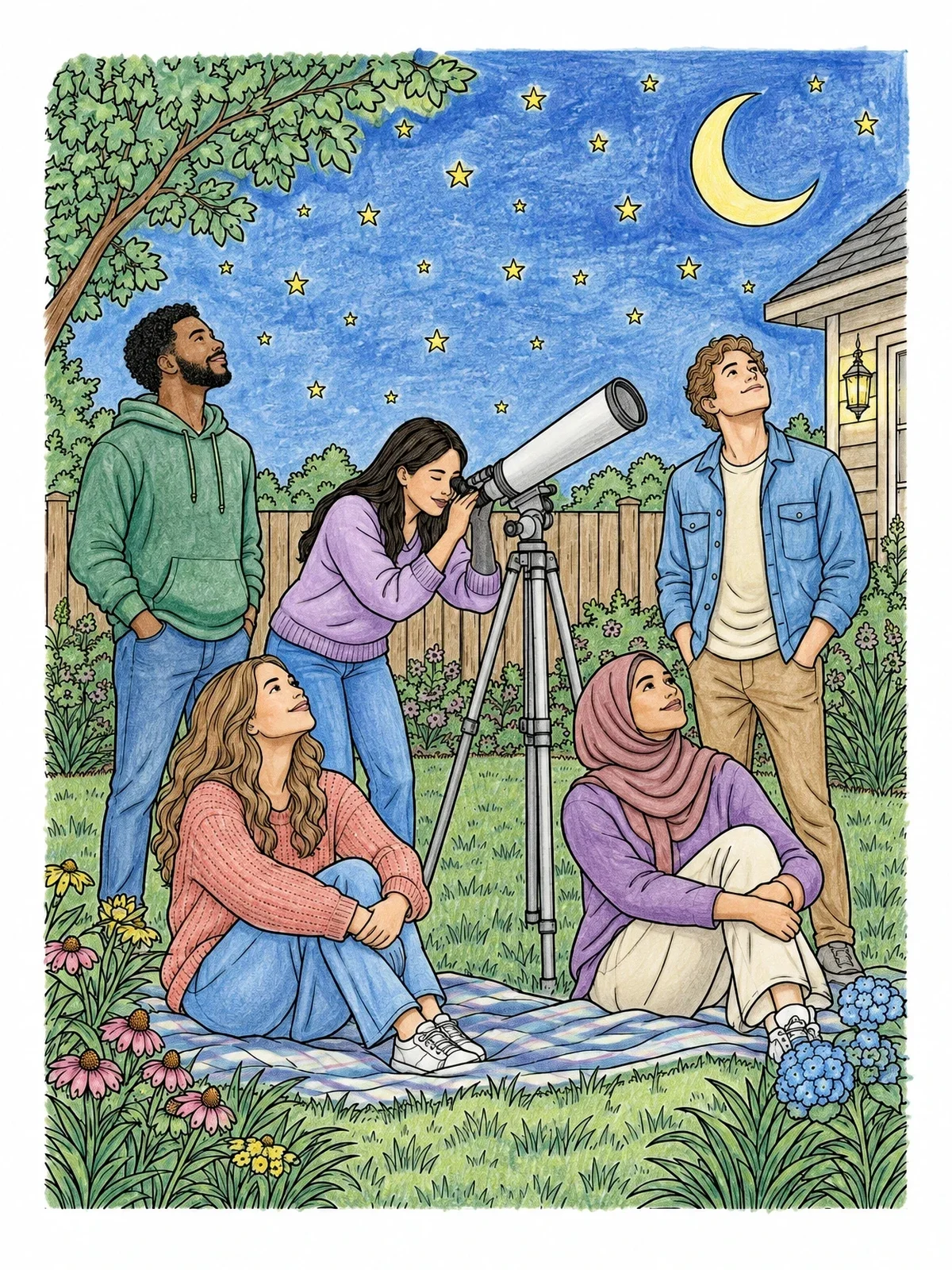 Colored example of the Stargazing Friends In The Backyard coloring page
