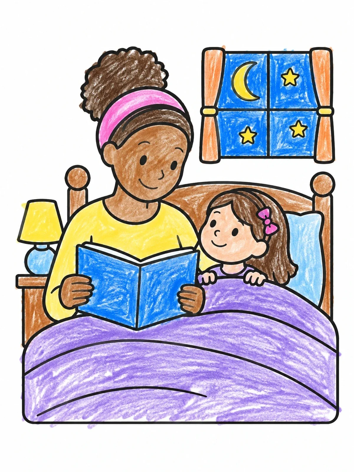 Colored example of the Bedtime Story In Cozy Room coloring page