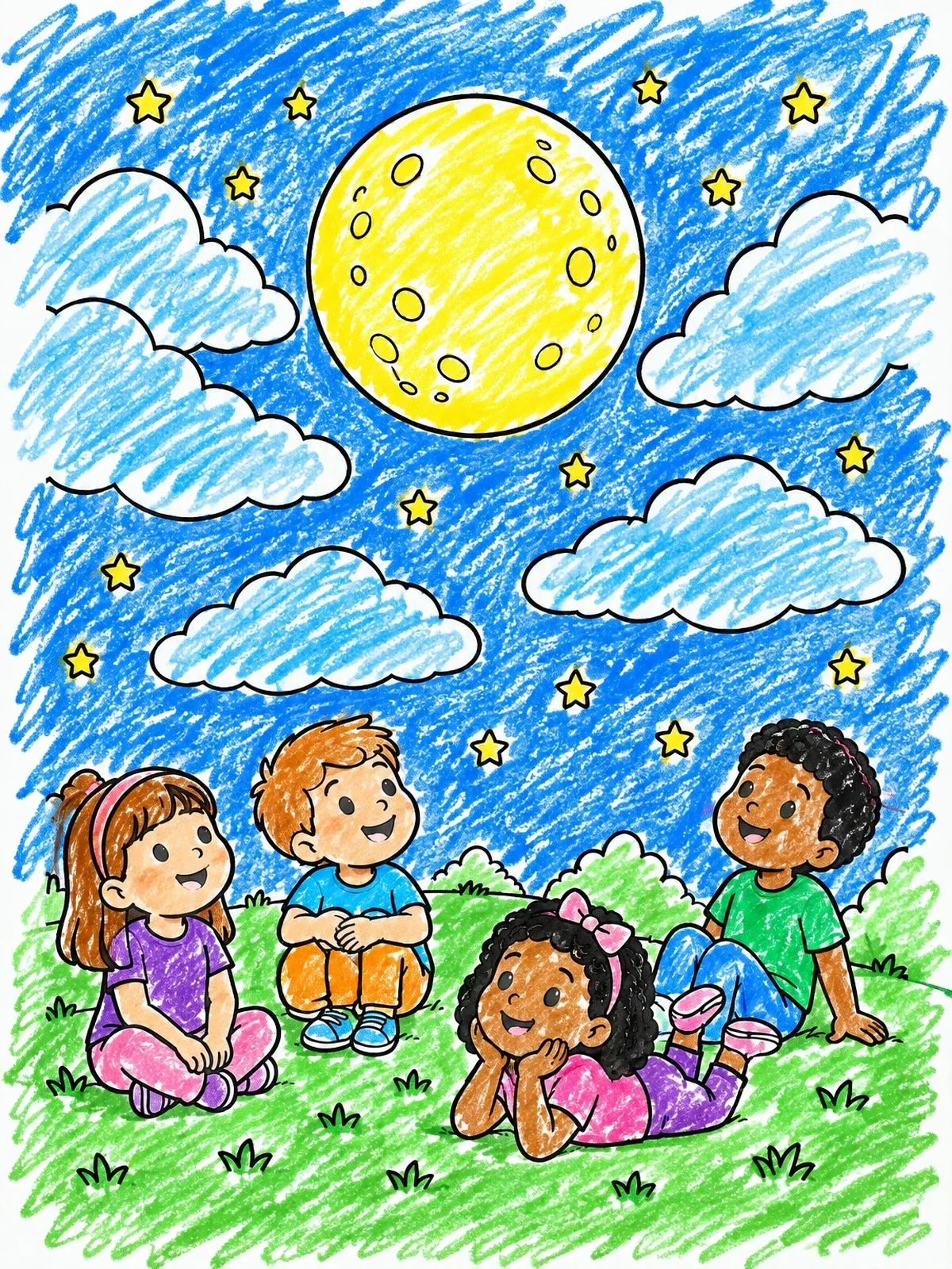 Colored example of the Children Stargazing Under The Full Moon coloring page
