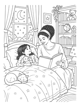 Free printable Bedtime Story In Cozy Bedroom coloring page