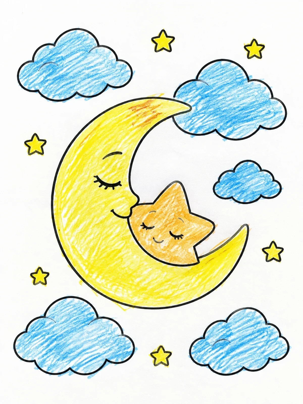 Colored example of the Crescent Moon And Sleeping Star coloring page