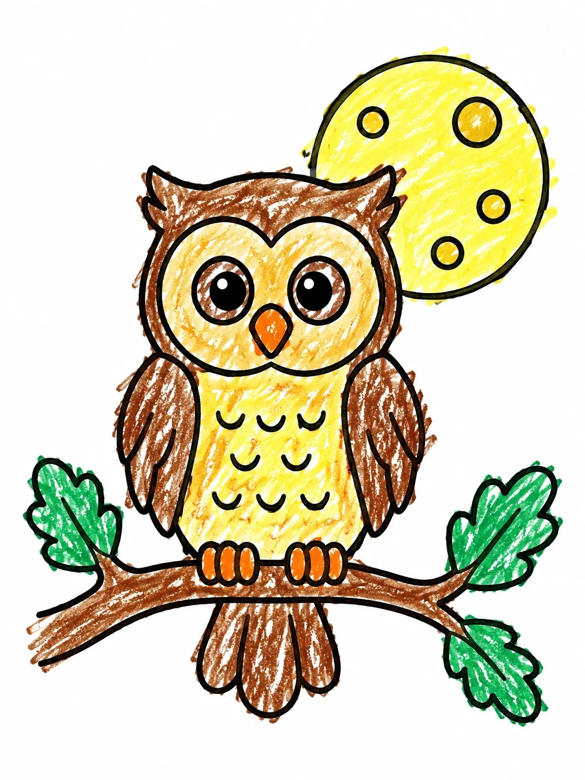 Colored example of the Cute Owl Under Full Moon coloring page