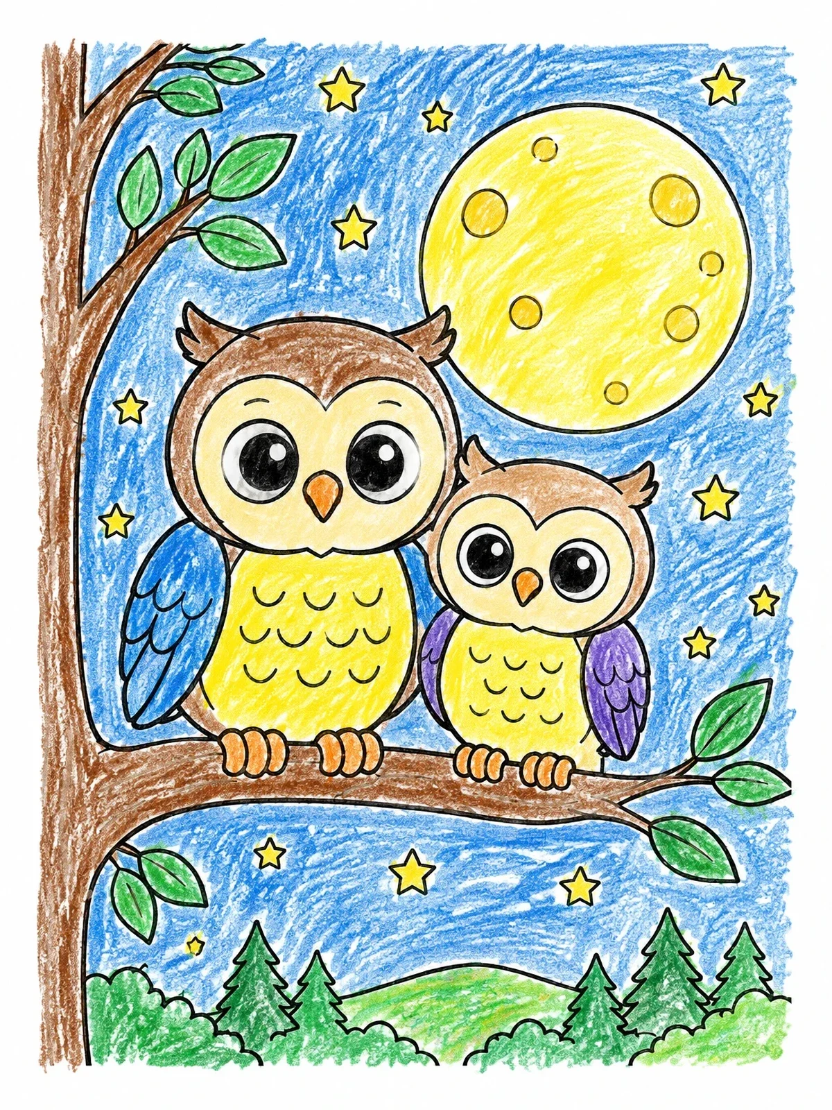 Colored example of the Cute Owls Under The Moon coloring page