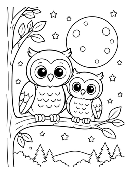 Free printable Cute Owls Under The Moon coloring page