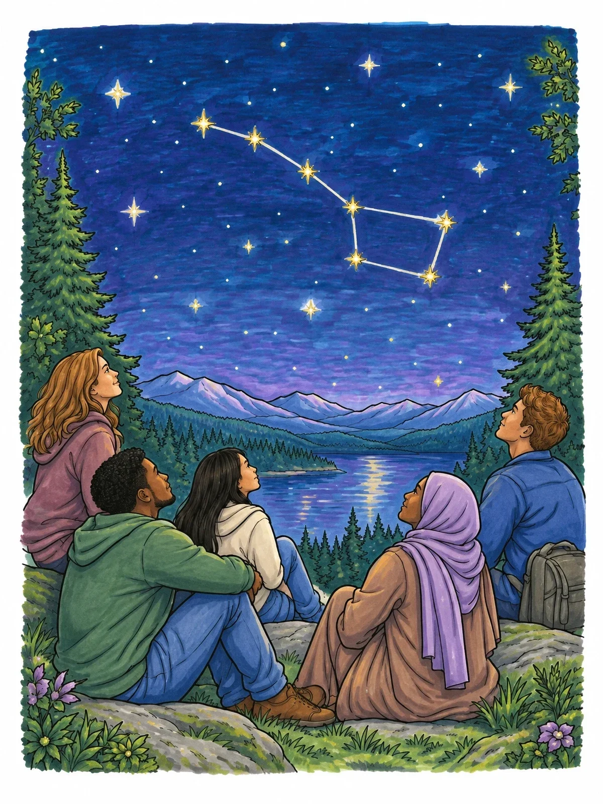 Colored example of the Friends Stargazing At Big Dipper coloring page