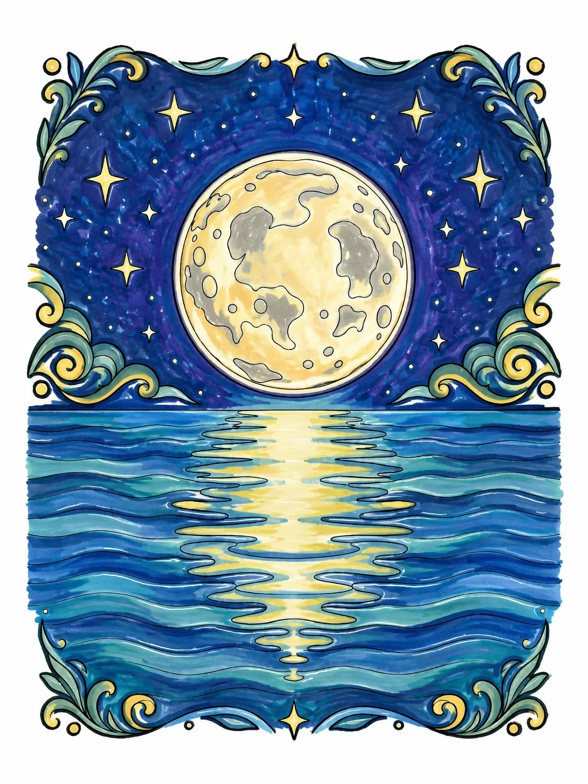Colored example of the Moonlight Reflection On Ocean Waves coloring page