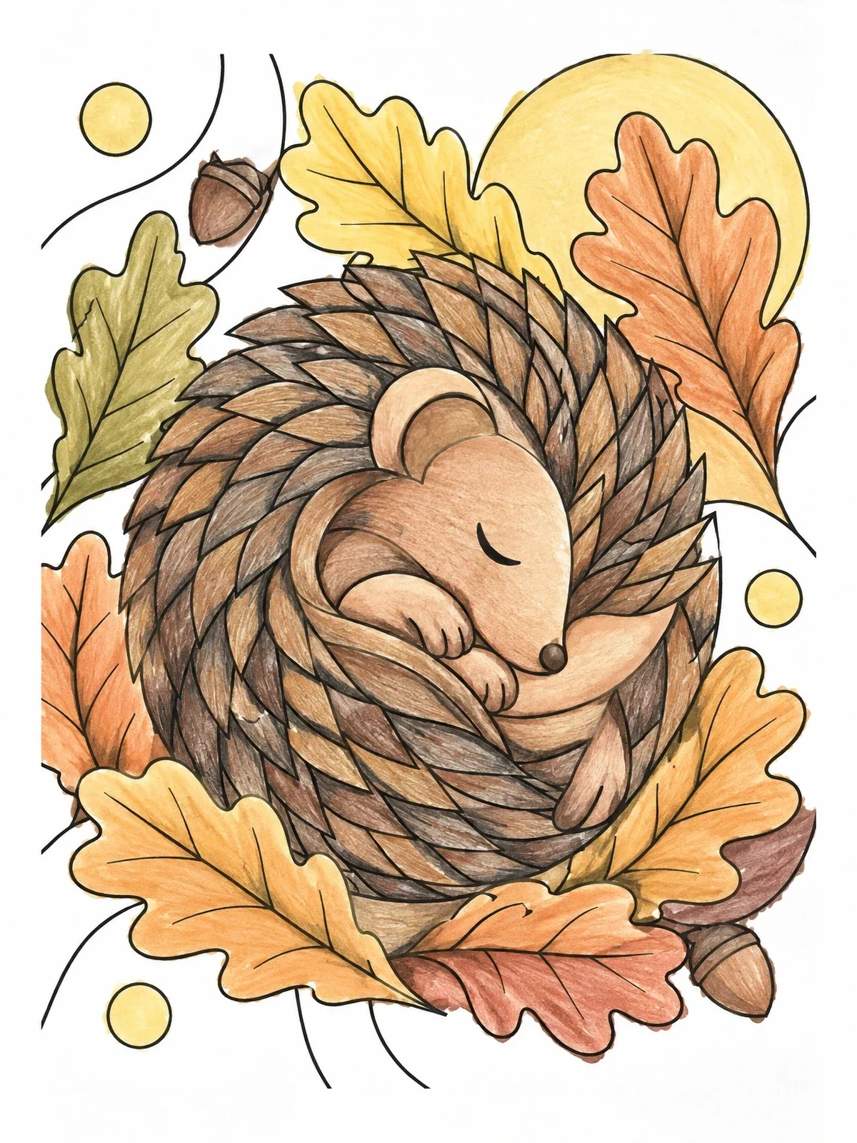 Colored example of the Sleeping Hedgehog In Autumn Leaves coloring page