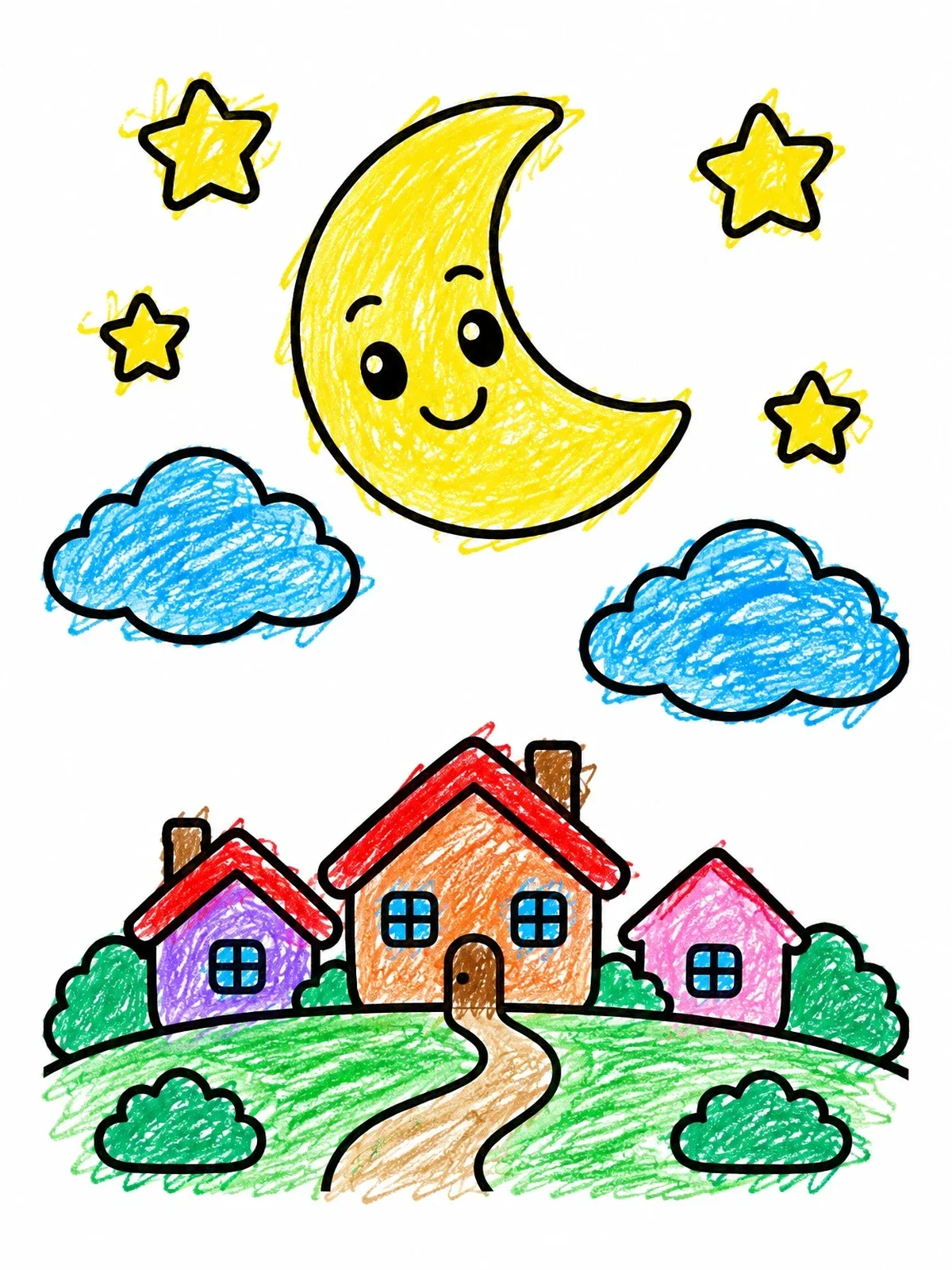 Colored example of the Smiling Moon Over Cozy Village coloring page