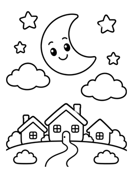Free printable Smiling Moon Over Cozy Village coloring page