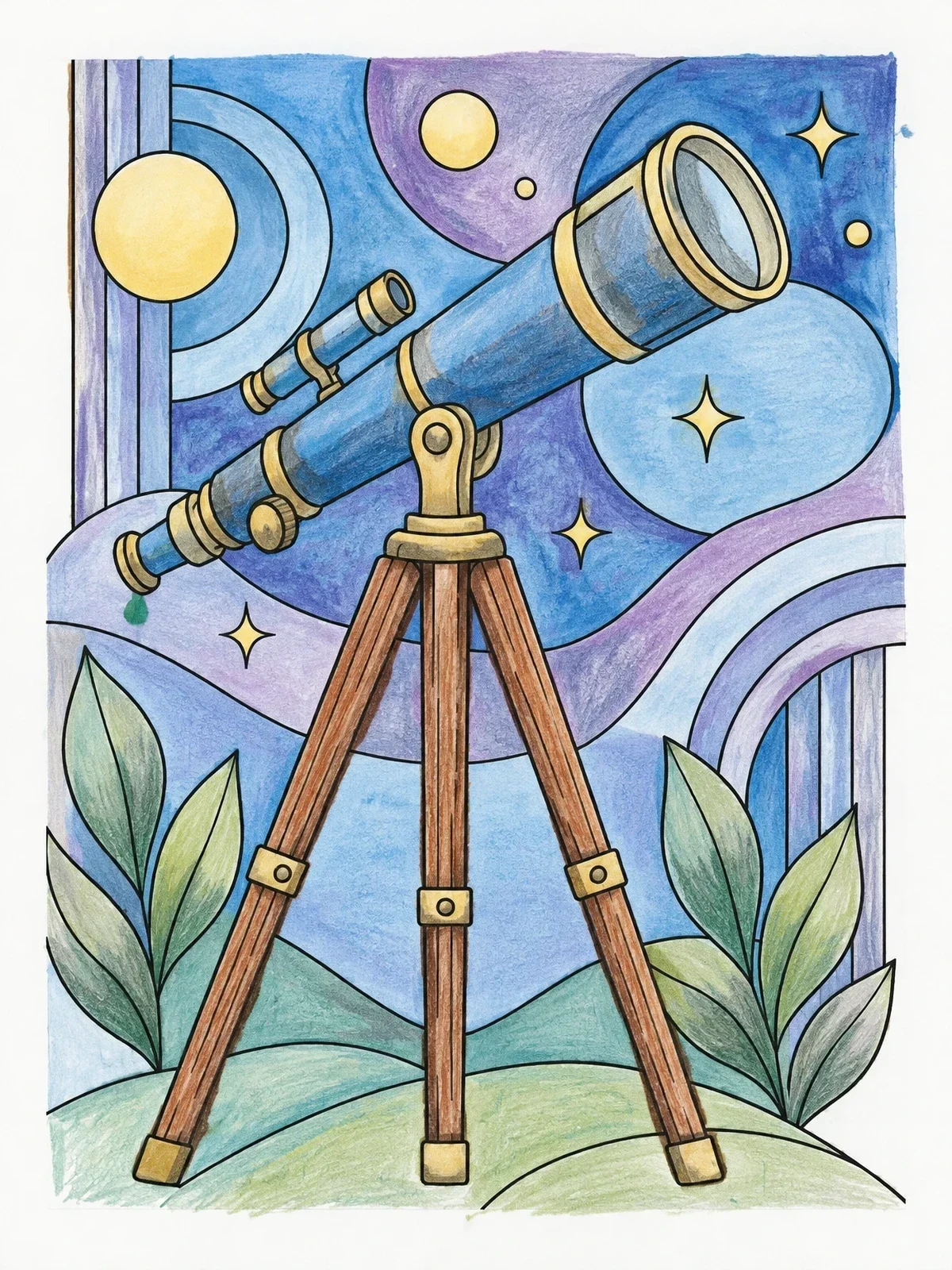 Colored example of the Stargazing Telescope On Tripod coloring page