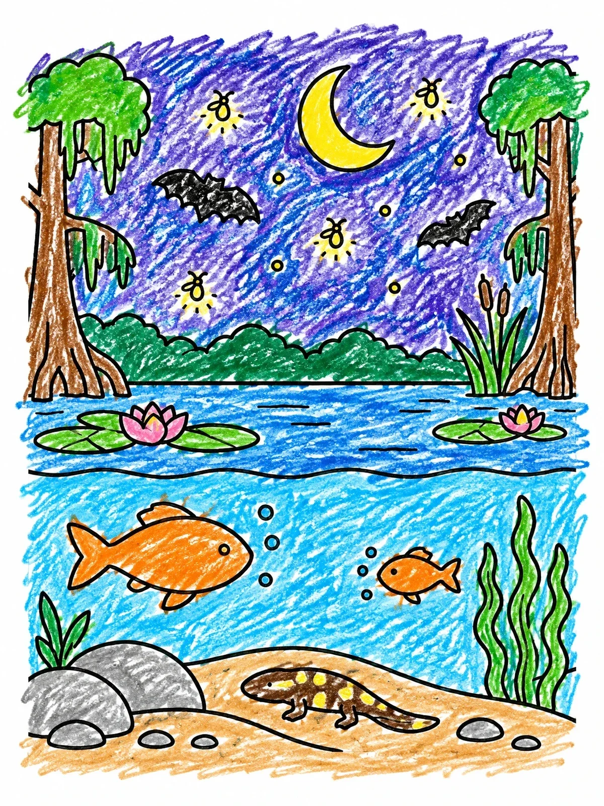 Colored example of the Nighttime Swamp And Lake Ecosystem coloring page