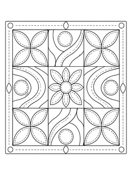 A decorative nine-patch quilt coloring page with floral and wavy stitched designs.