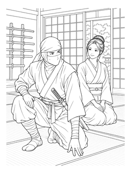 A kneeling warrior inside a dojo on this detailed ninja coloring page.