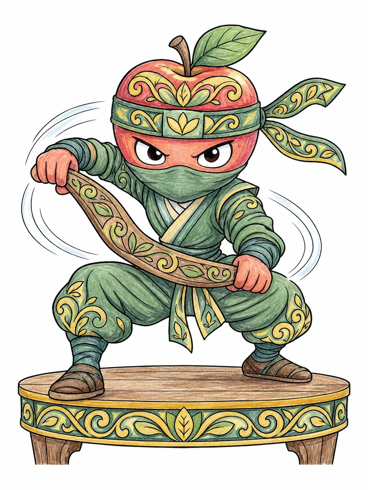 Colored example of the Ninja Apple With Wooden Boomerang coloring page