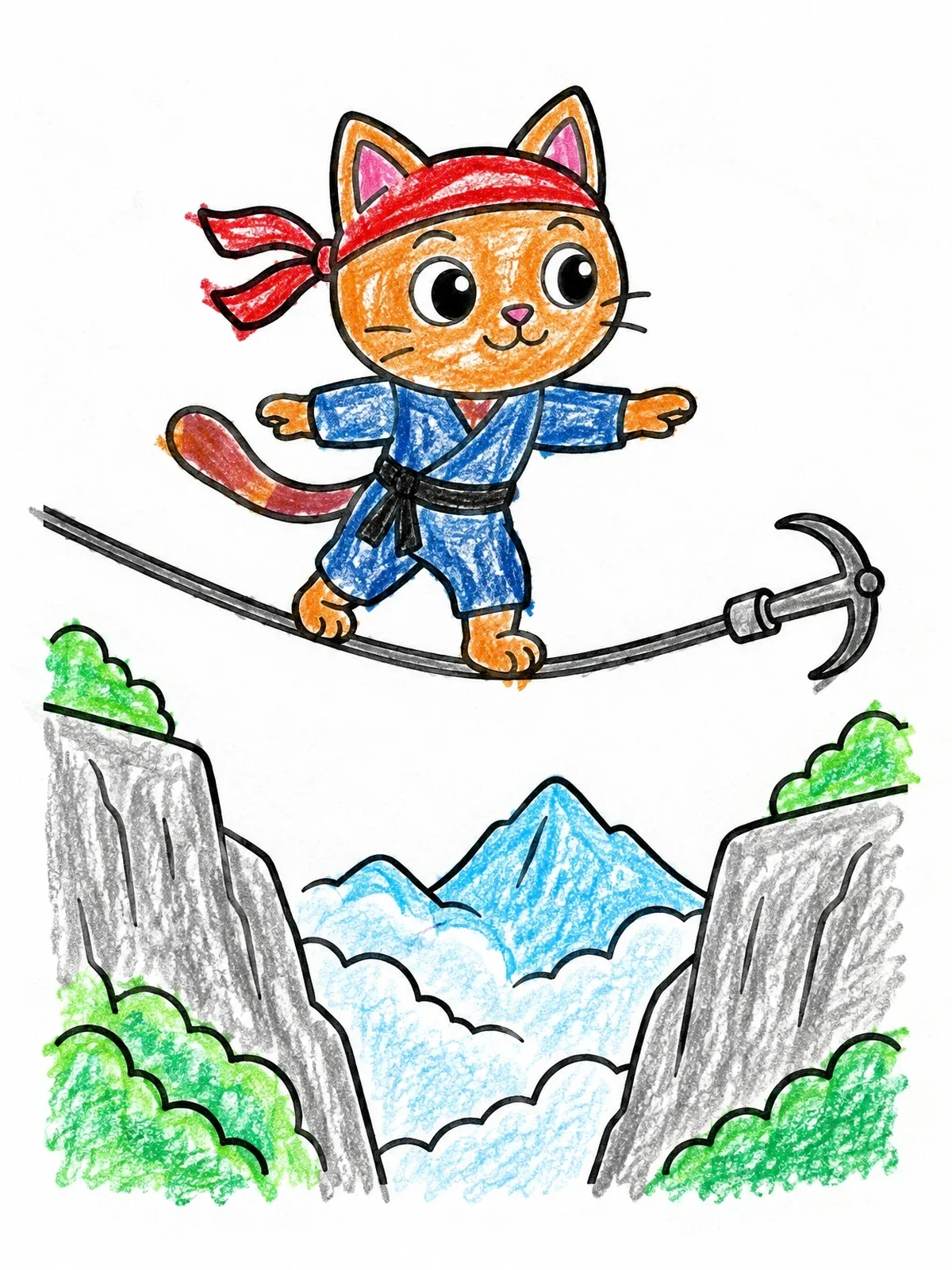 Colored example of the Ninja Cat Balancing On A Rope coloring page