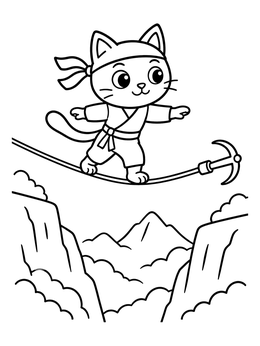 Free printable Ninja Cat Balancing On A Rope coloring page