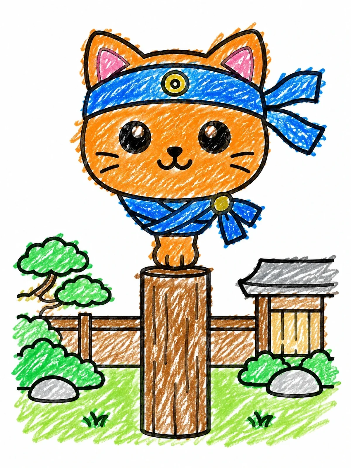 Colored example of the Cute Ninja Cat Balancing On Post coloring page