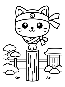 Free printable Cute Ninja Cat Balancing On Post coloring page