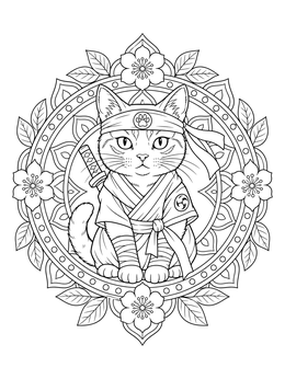 Free printable Ninja Cat In Floral Mandala coloring page