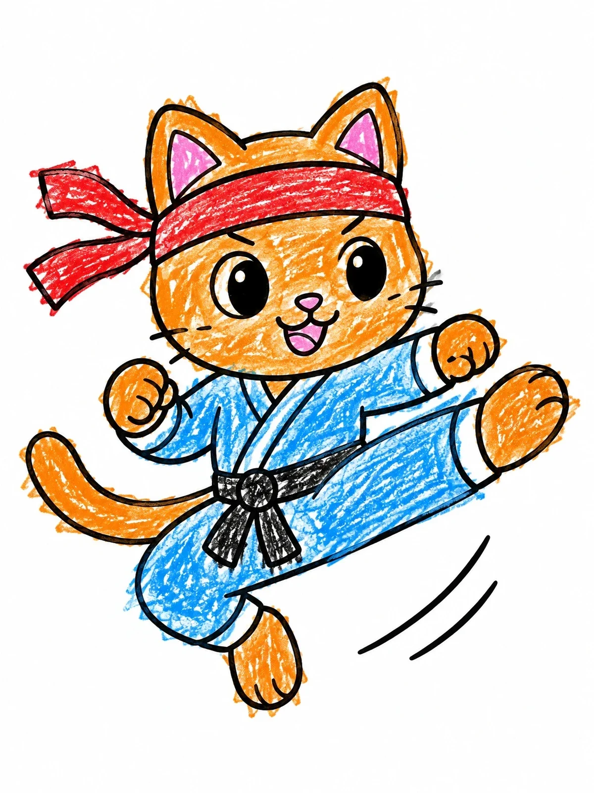 Colored example of the Playful Ninja Cat Mid Air Kick coloring page