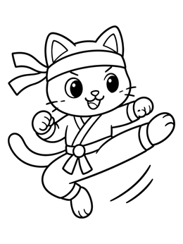 Free printable Playful Ninja Cat Mid Air Kick coloring page