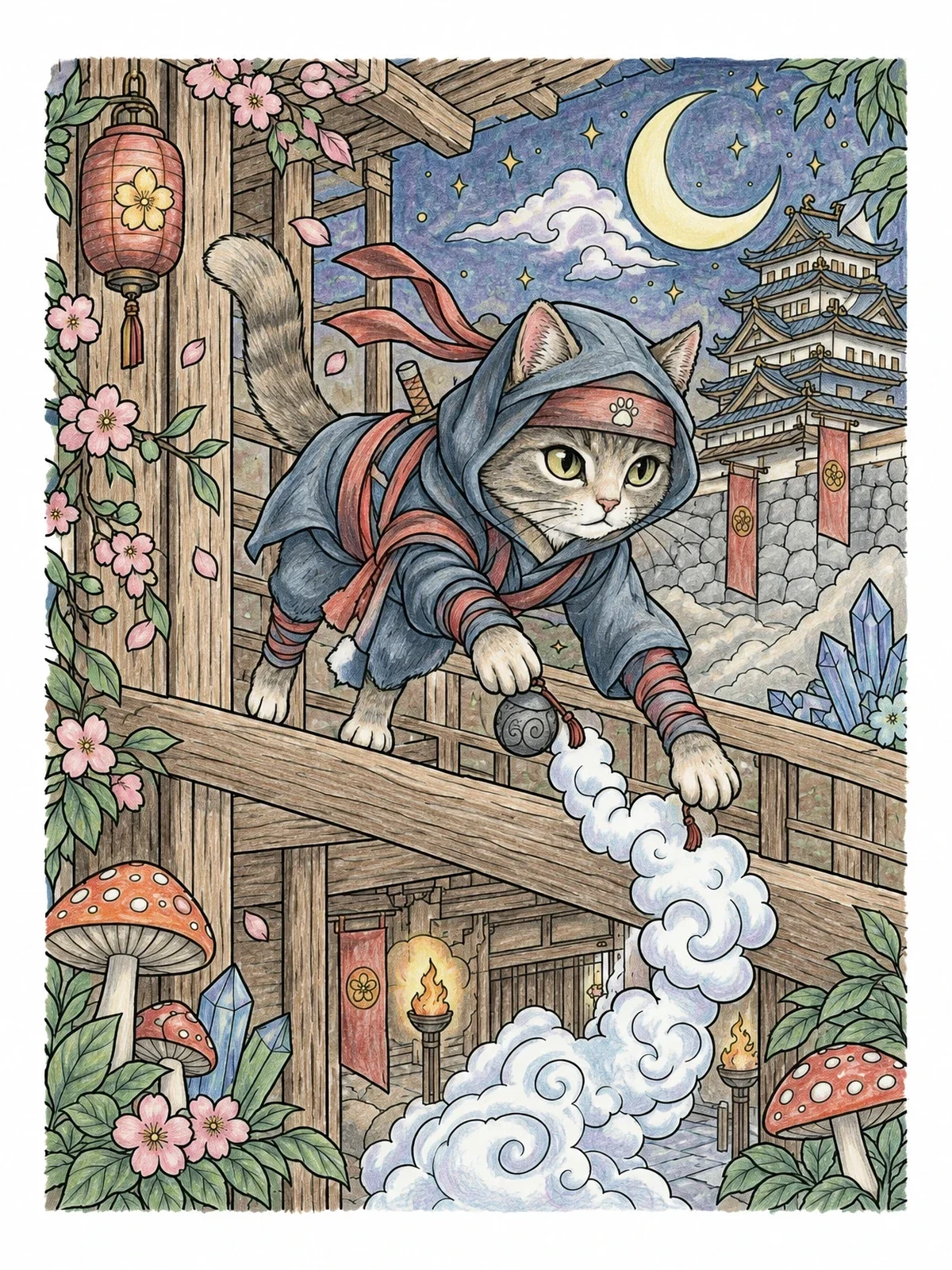 Colored example of the Ninja Cat On Wooden Fortress Beams coloring page