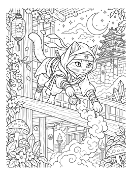 Free printable Ninja Cat On Wooden Fortress Beams coloring page