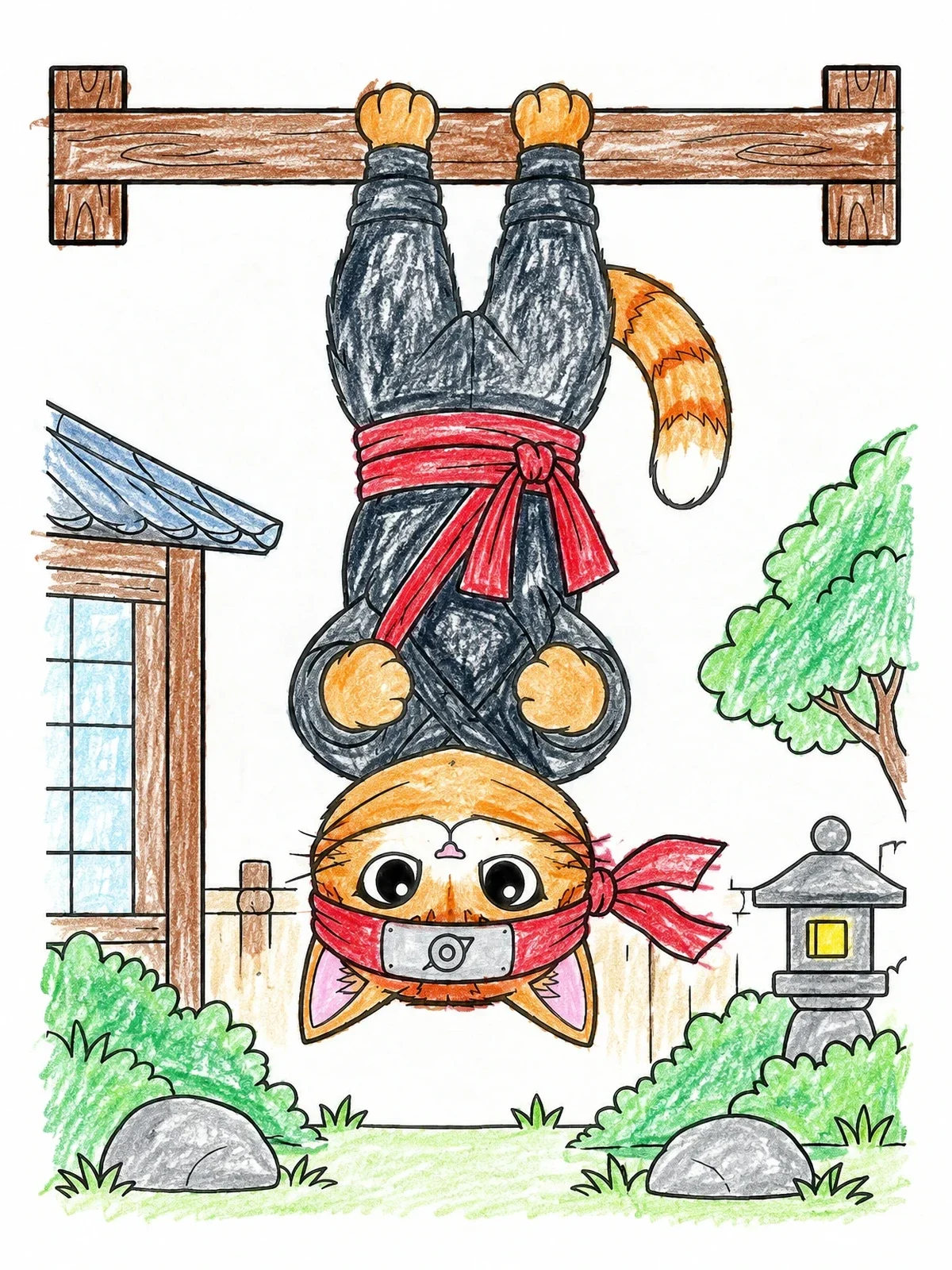 Colored example of the Ninja Cat Hanging Upside Down coloring page