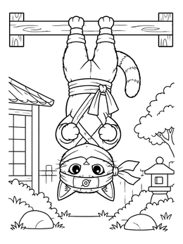 Free printable Ninja Cat Hanging Upside Down coloring page